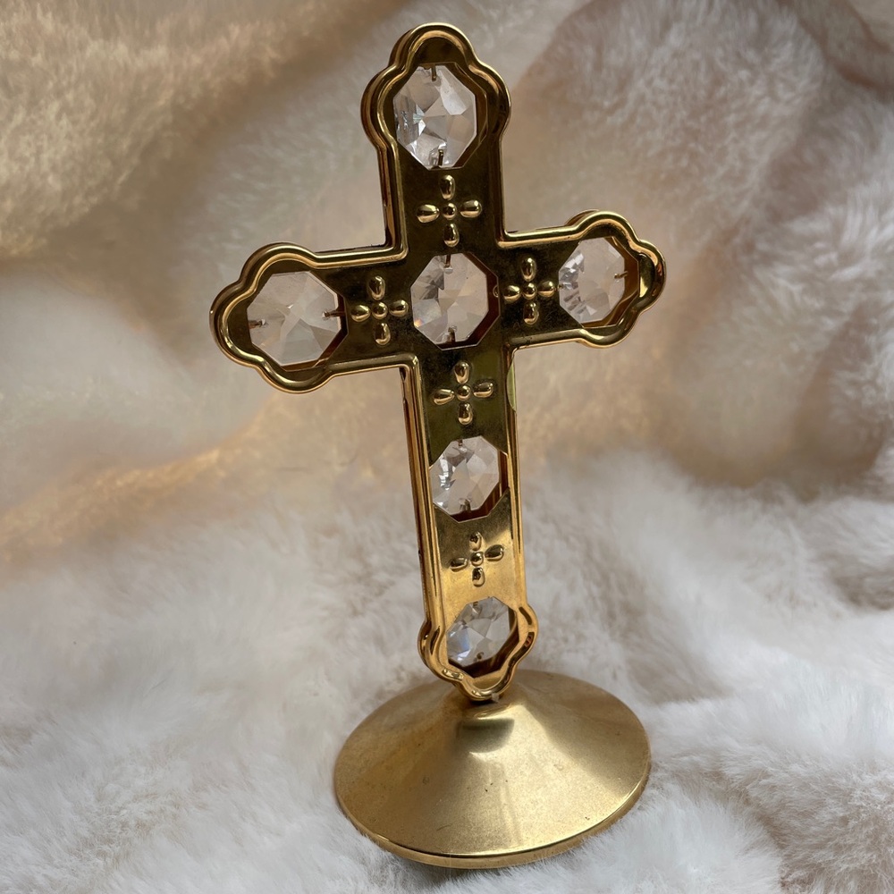 Vintage Austrian Crystal 24K Gold Plated Table Top Cross